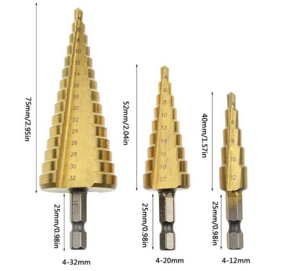 Сверла ступенчатые конусные (свердла ступенчаті, набір) 3 шт