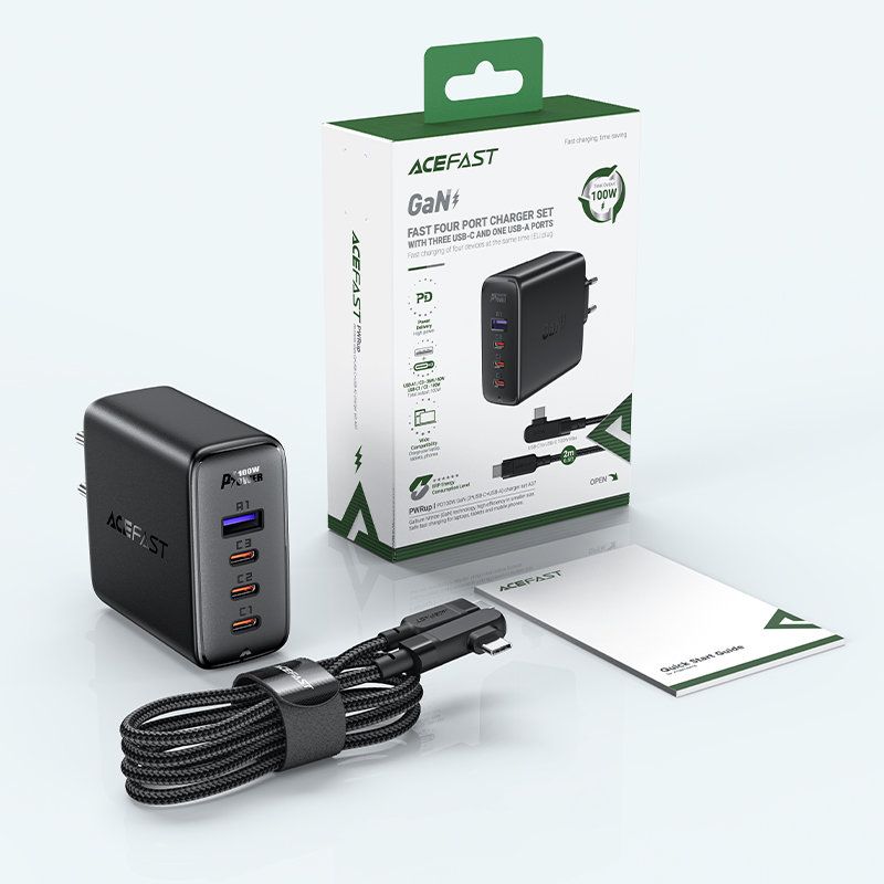 szybka ładowarka sieciowa gan 3x usb-c 1x usb-a + kabel kątowy  qmx