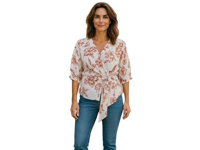 ZARA bluzka S M len wiskoza kwiaty wiązana narzutka nietoperz