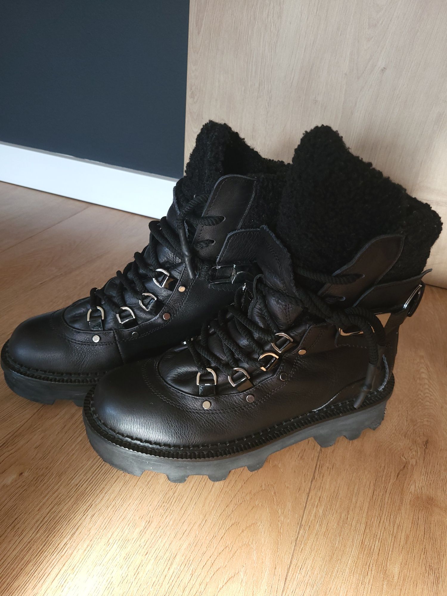 Eva Minge 38/24 cm botki trapery kozaki skóra naturalna ocieplane