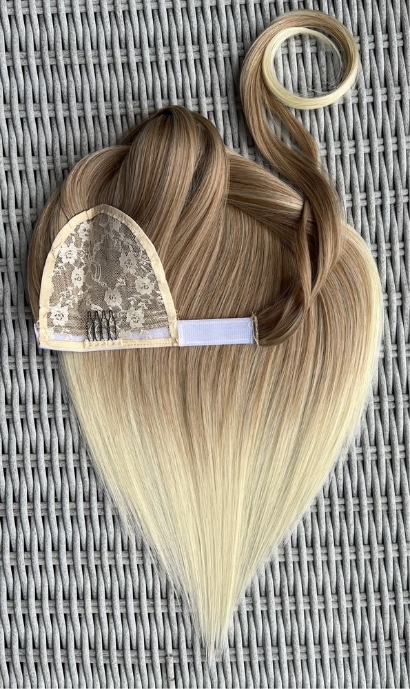 Premium Ultra włosy doczepiane, blond / ombre, kucyk, treska