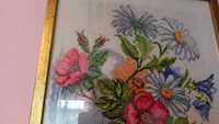 Obraz haft krzyżykowy, PRL, kwiaty, 40 x 37