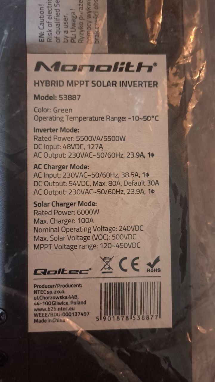 Гибридный солнечный инвертор Qoltec Hybrid 10KVA 5.5kW 100A 48V