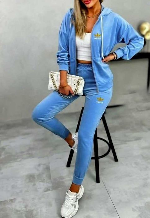 S/M,L/XL- Welurowy dres niebieski damski.