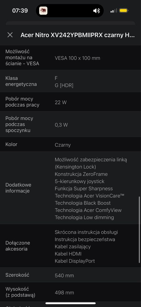 Monitor Acer 165hz
