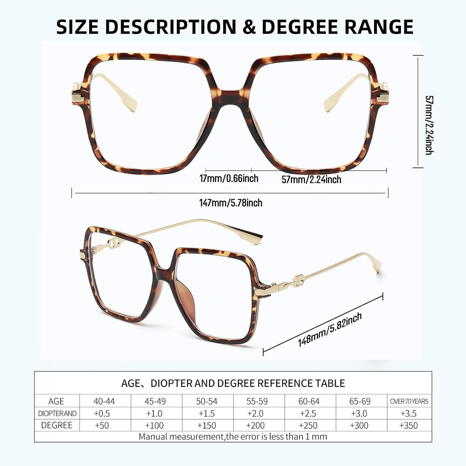 Duże kwadratowe okulary do czytania dla kobiet. 3,0 dioptrii
