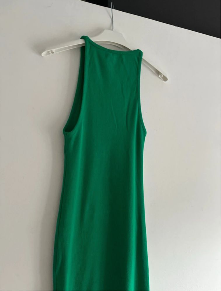 Zara sukienka midi w prazki dekold halter zielona bawełna S