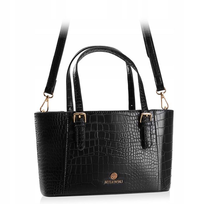 Torebka damska BETLEWSKI Czarna Lakierowana Zwierzęcy Wzór Pasek