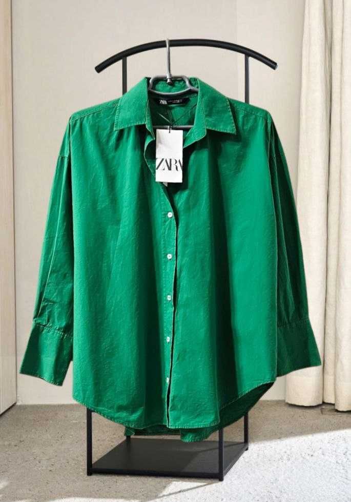 Зеленая рубашка из хлопка оверсайз Zara, р. S/M