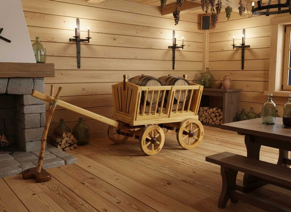 Drewniany wózek ogrodowy – dekoracja ogrodu, restauracji, studia foto