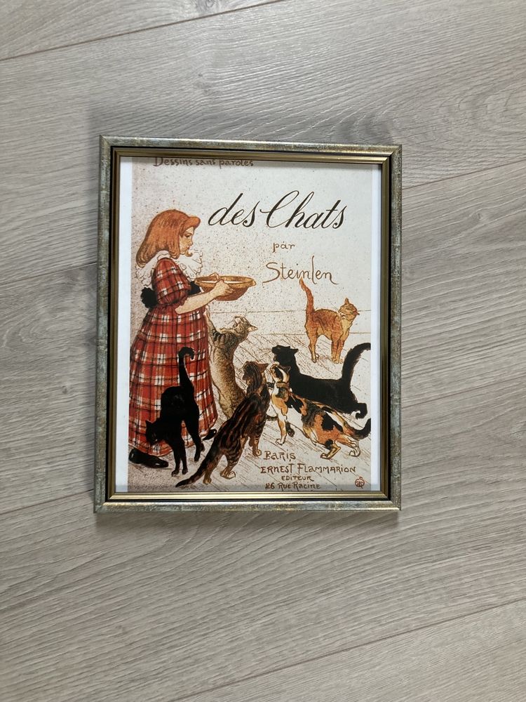 Grafika, plakat w drewnianej ramie Karmienie kotów