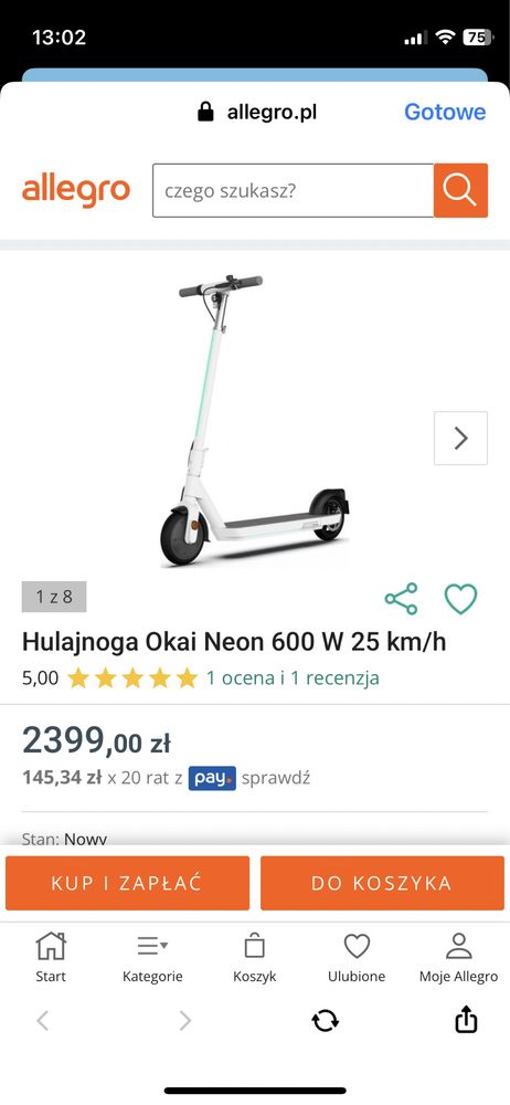 Hulajnoga Okai Neon 600 W 25 km/h LED wodoodporna bluetooth składana