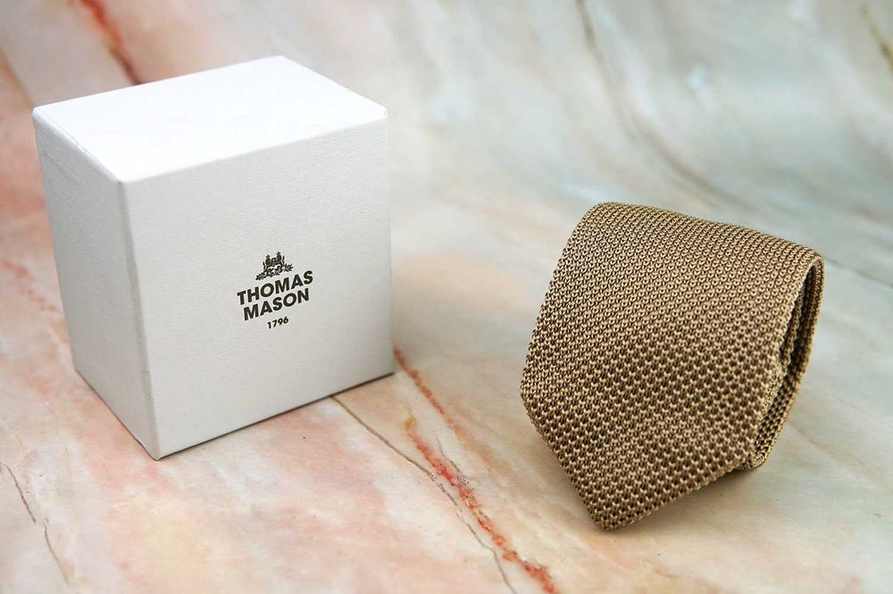 NOWY krawat knit dziergany beżowy złoty kremowy ślubny męski boho