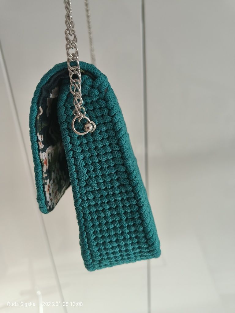 Zielona Torebka Kopertówka Wyszywana na Kanwie z podszewką  Handmade
