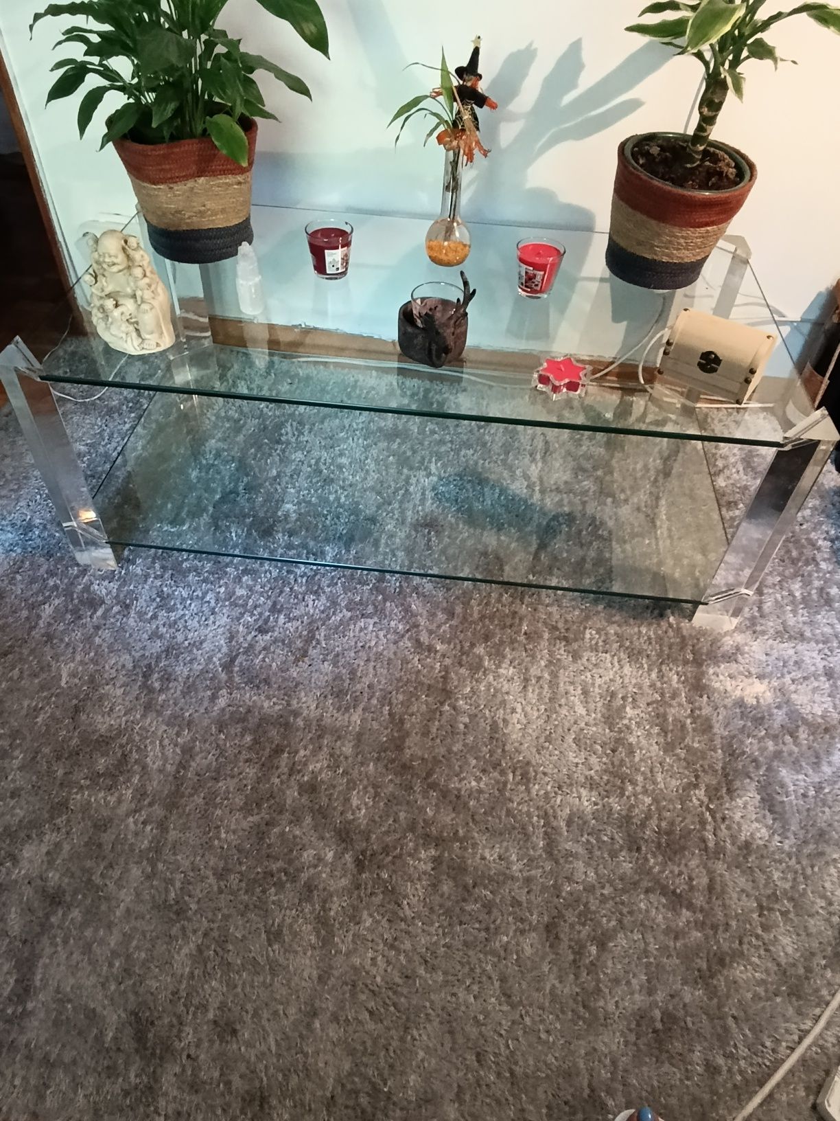 mesa de centro tampo duplo em vidro cristal com 1,10 kargurax,0,40 alt