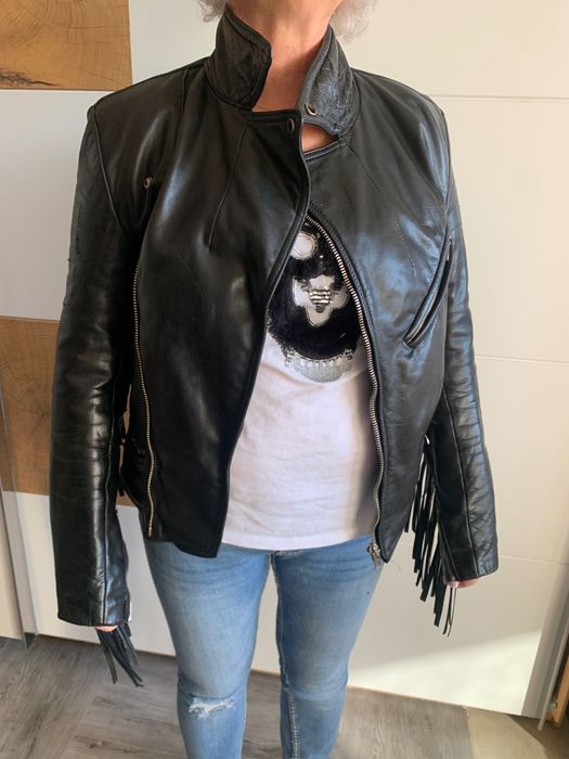 Kurtka skórzana męska ramoneska z frędzlami S  oldschool starszy typ