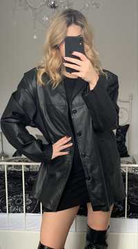 Skórzany czarny płaszcz vintage oversize kurtka ze skóry naturalnej