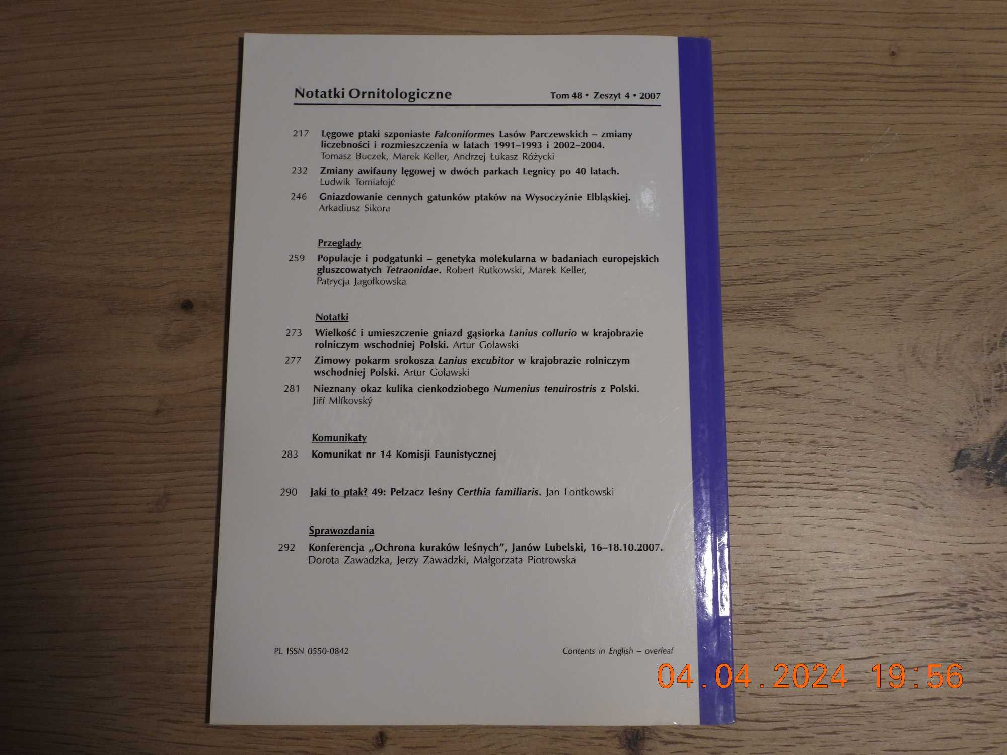 Notatki Ornitologiczne -Tom 48,  zeszyt 4 , 2007
