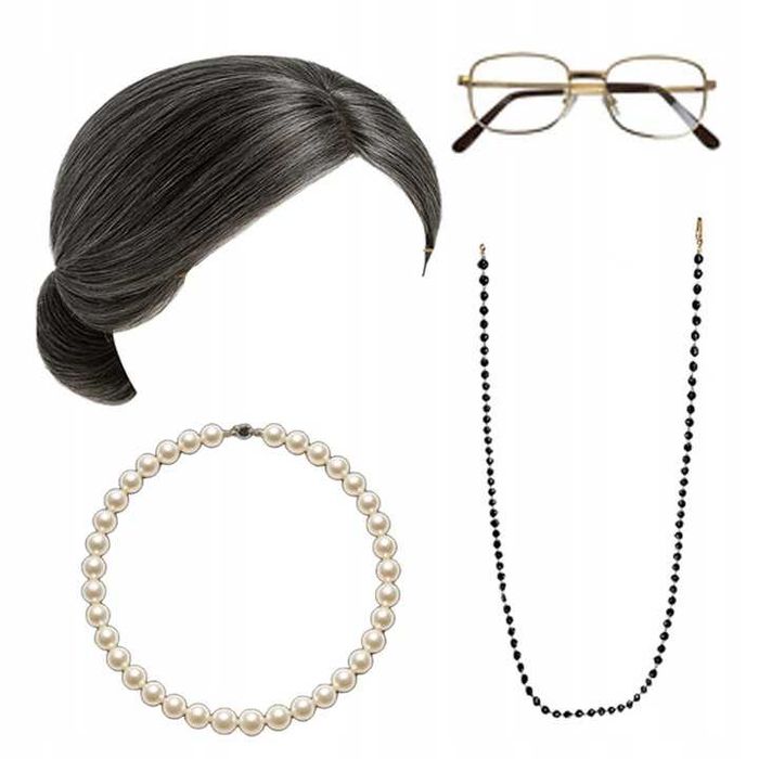 Strój przebranie Babci / Staruszki – siwa peruka z kokiem, okulary