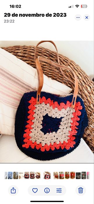 Saco em tricô, azul, bege e coral