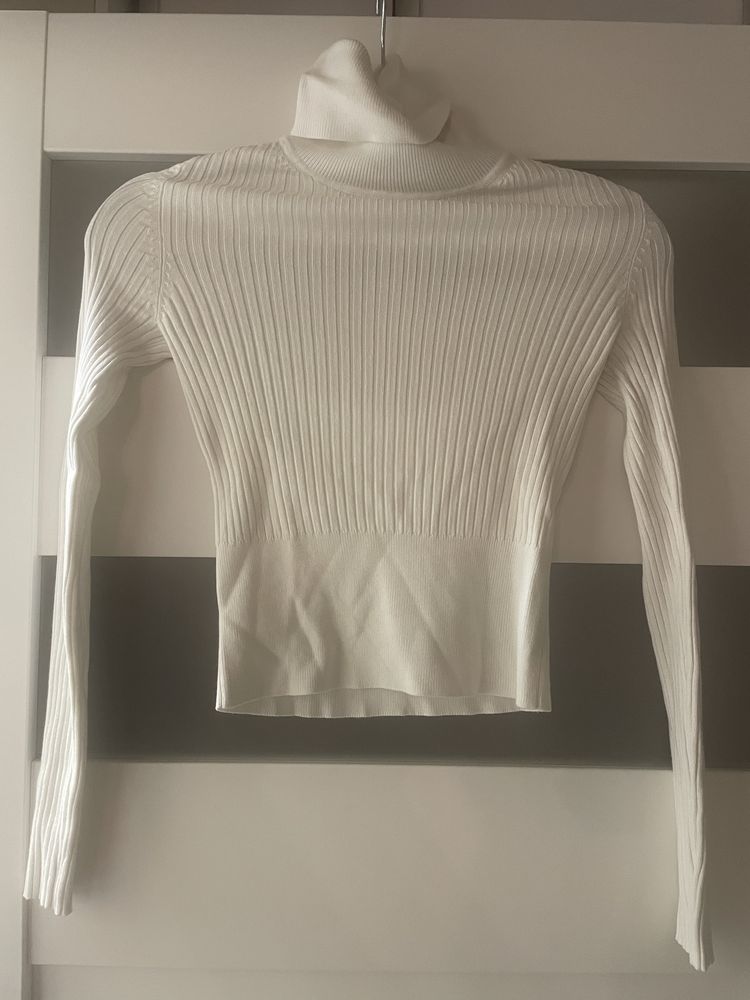 Sweter z golfem z prążkowanej dzianiny zara r. S ecru biały