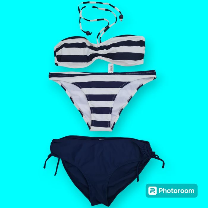 Reserved strój bikini pasy granatowe L + majtki C&A
