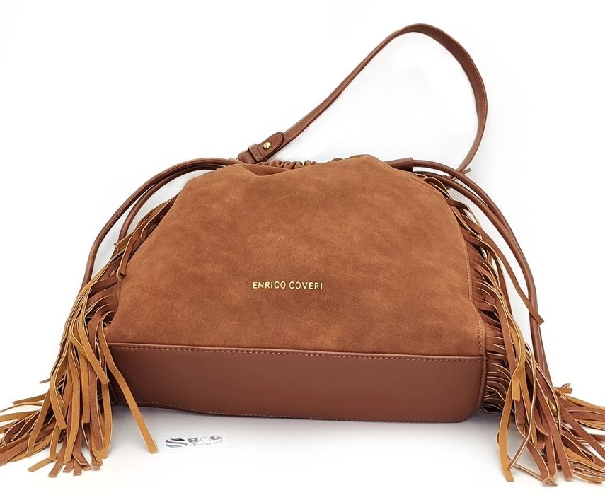 Elegancka Torebka Listonoszka Worek z Frędzlami Styl Boho Western Brąz