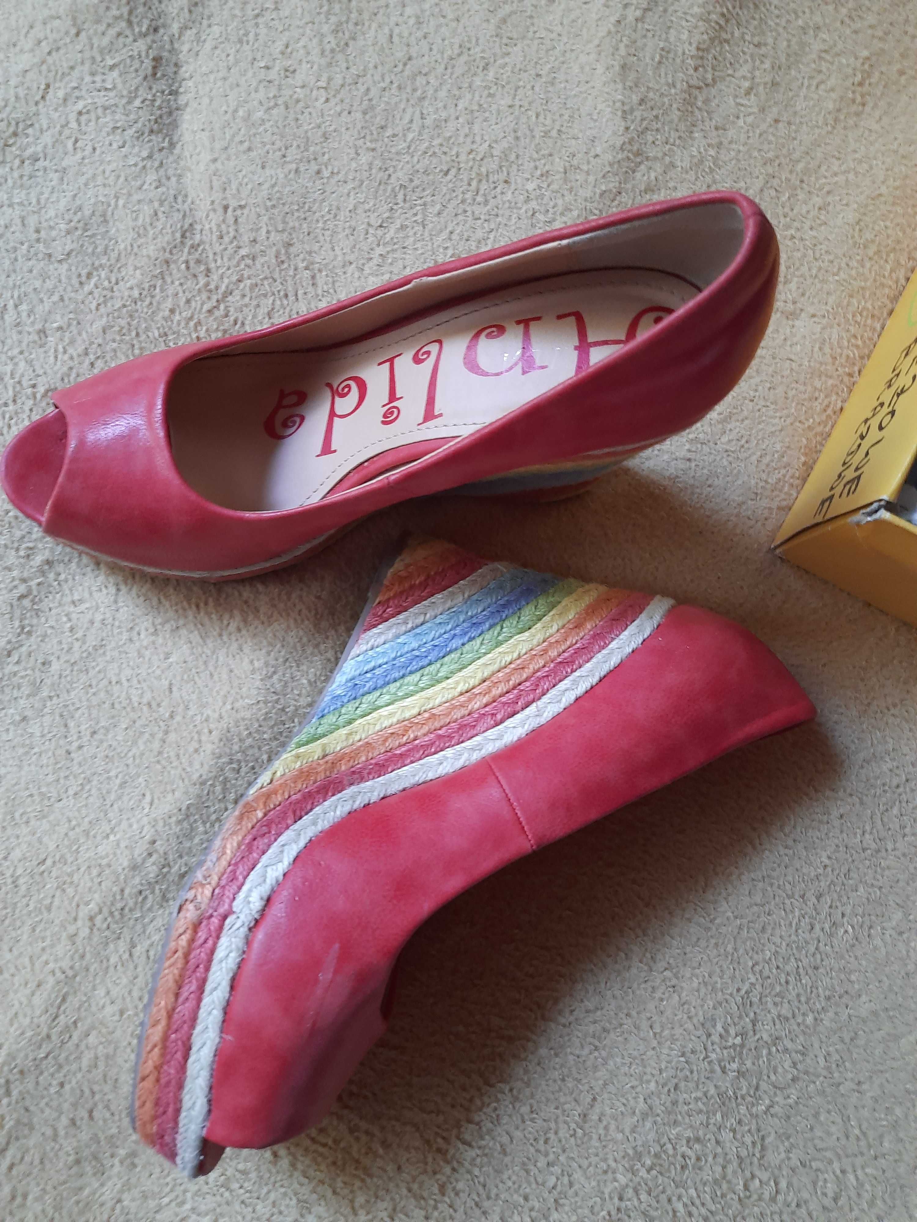 pomarańczowe buty na tęczowej koturnie rozmiar 40/41
