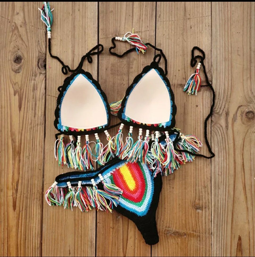 Ręcznie szydelkowane BIKINI Set rainbows strój kąpielowy WAKACJE PushU