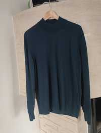 Sweter wełniany 100% wełna morski niebieski L 40 półgolf damski
