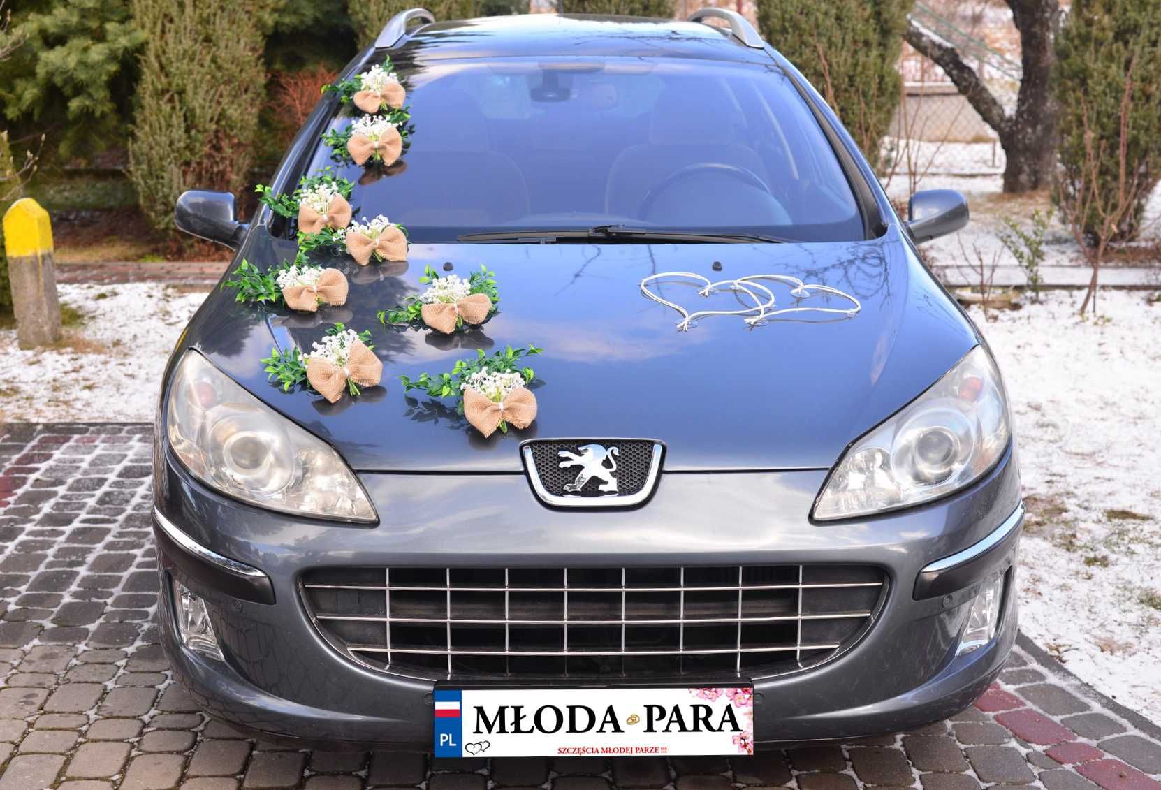 Piękna dekoracja na samochód do ślubu. Styl rustykalny 304