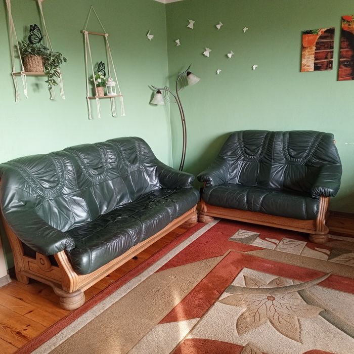 Sofa 2 osobowa, skóra, zielona + druga gratis