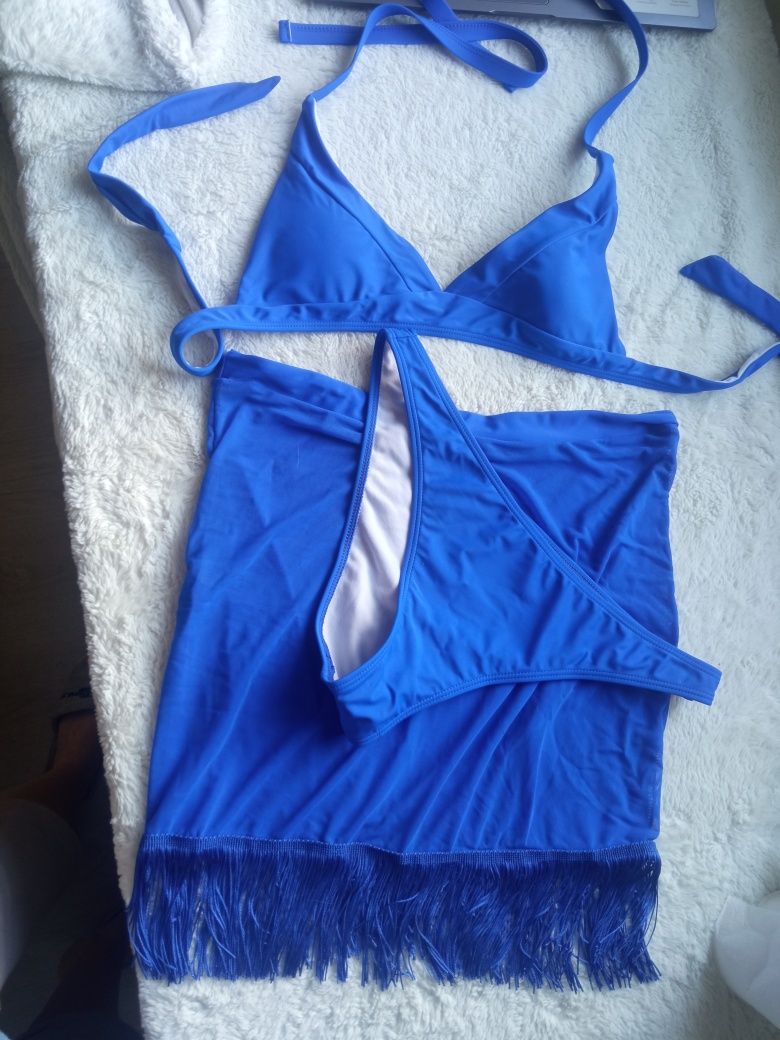 Damski strój kąpielowy trzy częściowy bikini niebieskie M/L