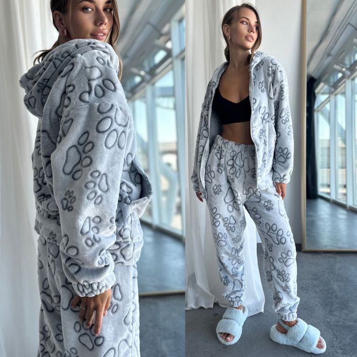 Женская махровая пижама зимняя кофта и штаны с принтом S-XXL свободная