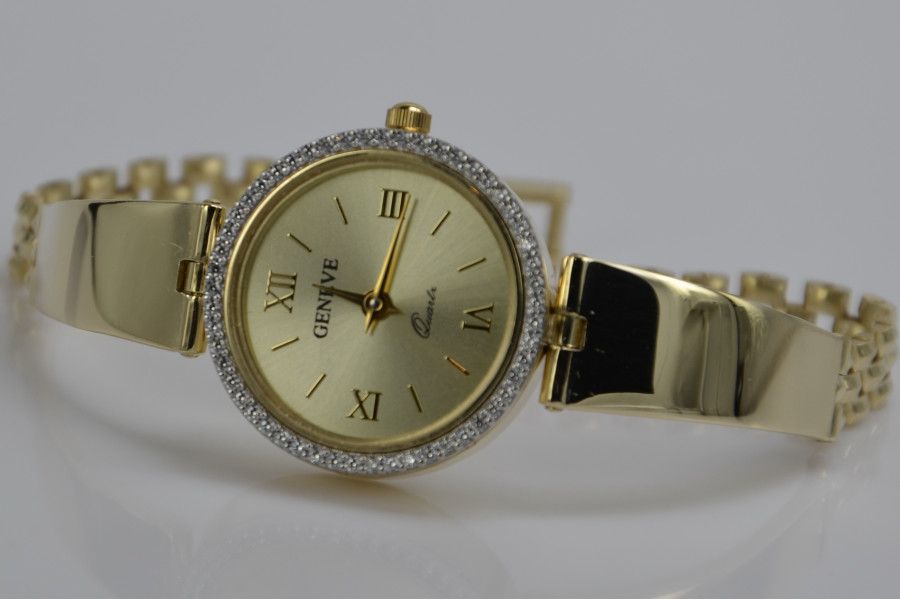 Prześliczny 14k złoty damski zegarek Geneve lw079 W