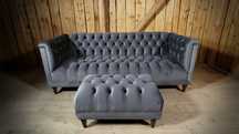 Sofa Kanapa Na Wymiar Chesterfield + Pufa Popiel Szara Retro PRL Loft