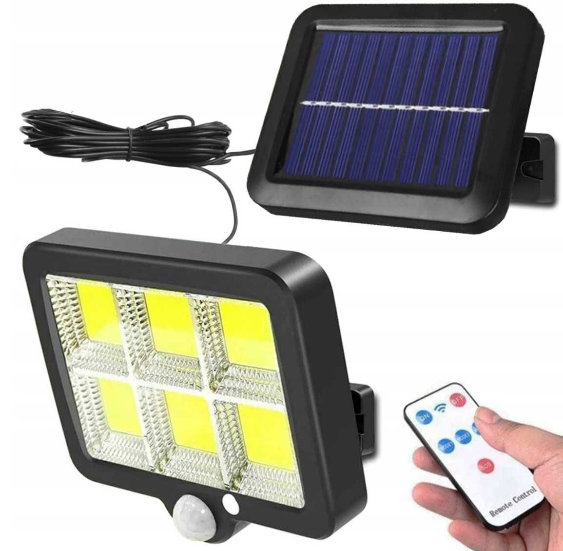 LAMPA SOLARNA LED z czujnikiem ruchu i zmierzchu zewnętrzna + PILOT