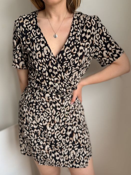 Sukienka kopertowa 100% wiskoza H&M panterka czarna beżowa wiązana 40