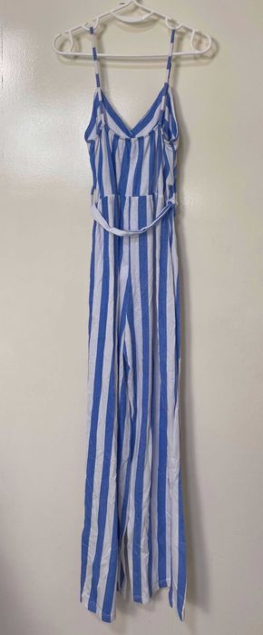 Macacão Algodão Riscas Azul Branco c/ cinto, M