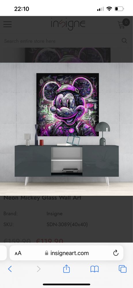 Quadro Mickey Neon 40x40 cm em vidro temperado