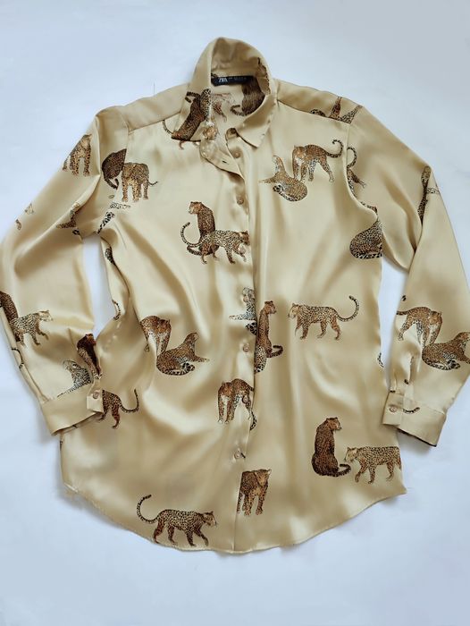 Шовкова сатинова блуза сорочка з леопардами Zara оригінал