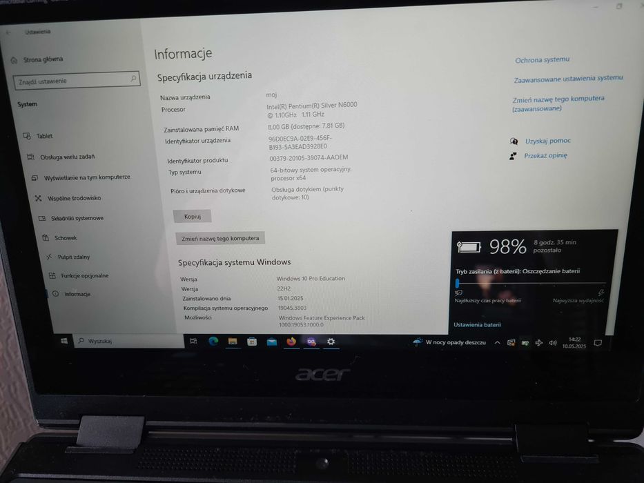 Laptop Tablet 2w1 Acer Spin B3 N6000 11,6'' 8GB|128GB Win 10 PRO Dotyk