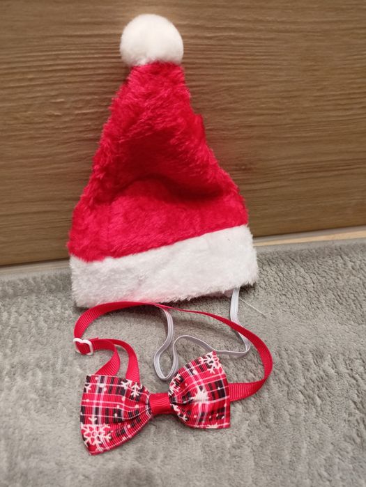 Nowy zestaw świąteczny, czapka Mikołaja i kokardka, obroża regulowana