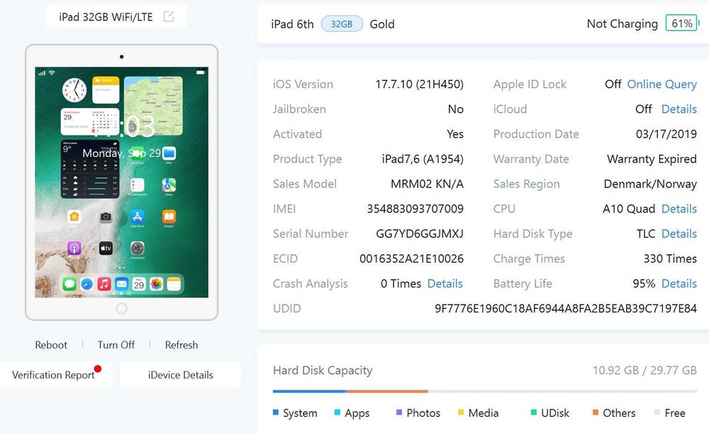 iPad 6 WiFi/LTE 32GB, bat. 95%, IOS 17.7.10