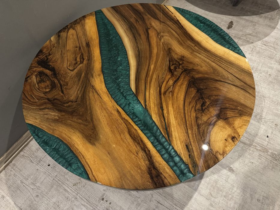 Stól fi 100cm orzech wloski i zywica czarny/zielony/niebieski