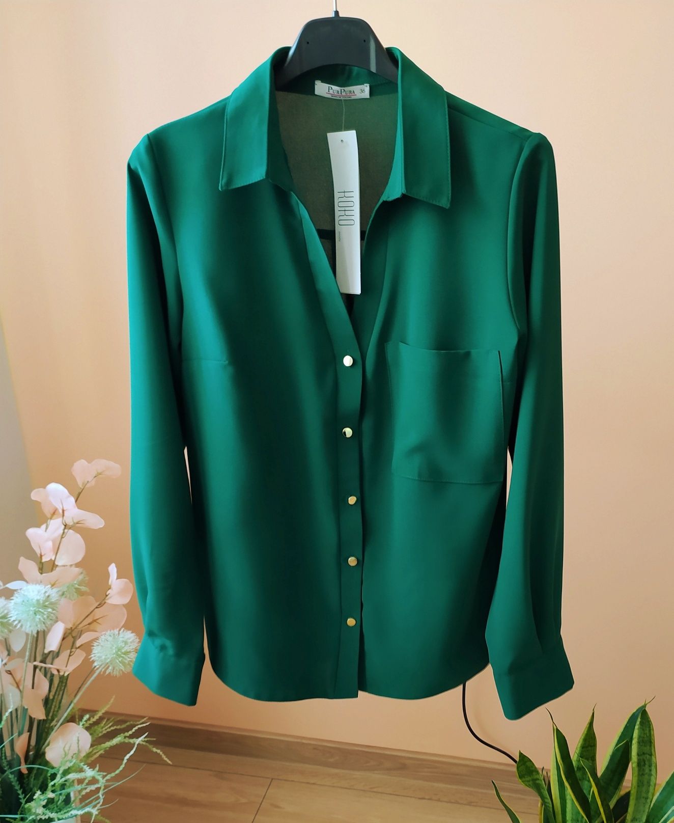 Elegancka koszula 36 S PurPura butelkowa zieleń bluzka