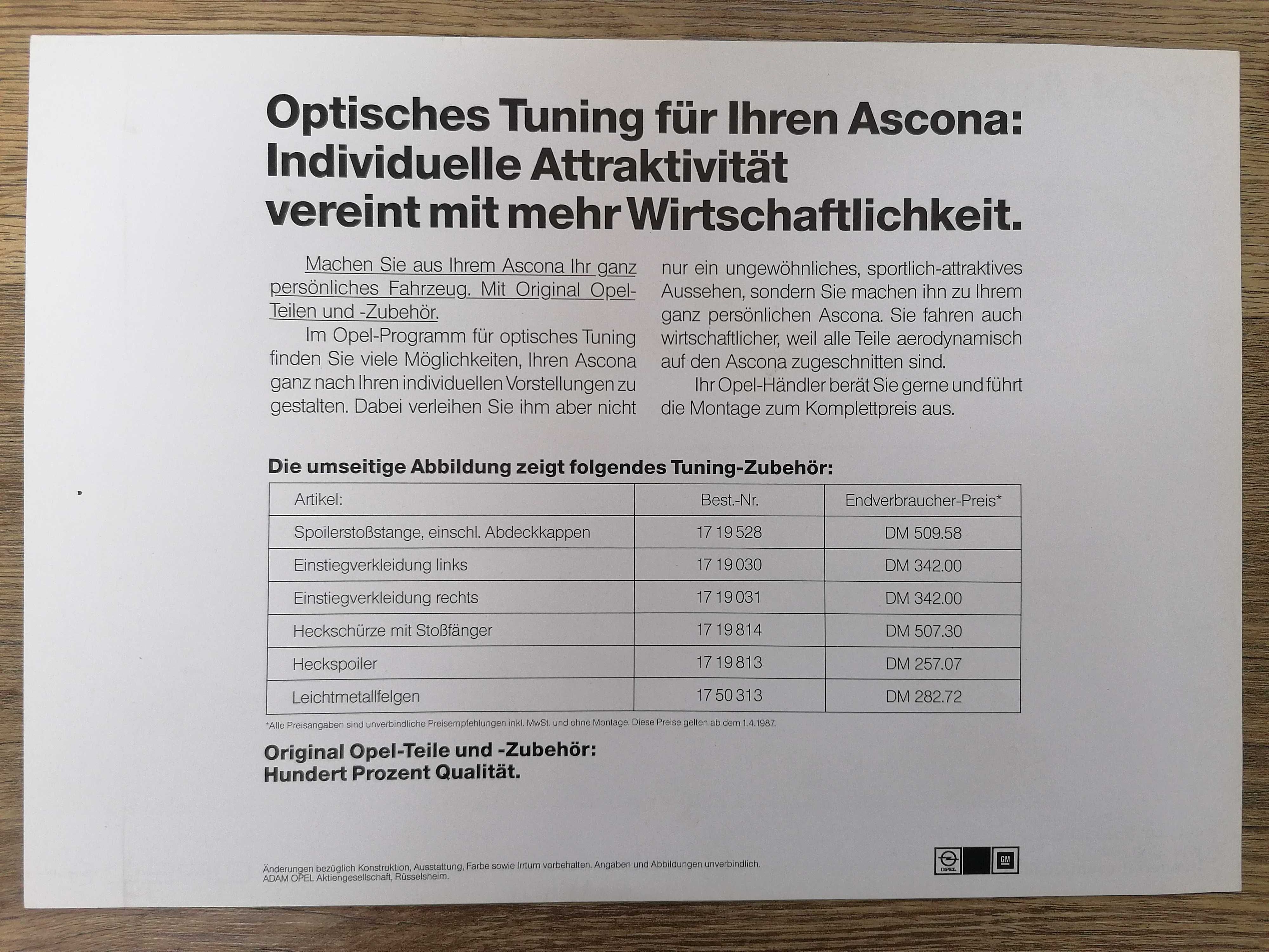 Prospekt Opel Ascona Tuning optyczny
