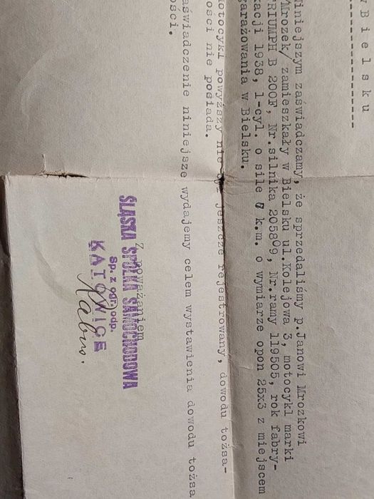 Motocykl Triumph 1938 - Stare Dokumenty zakupu, opłaty - Auto Union