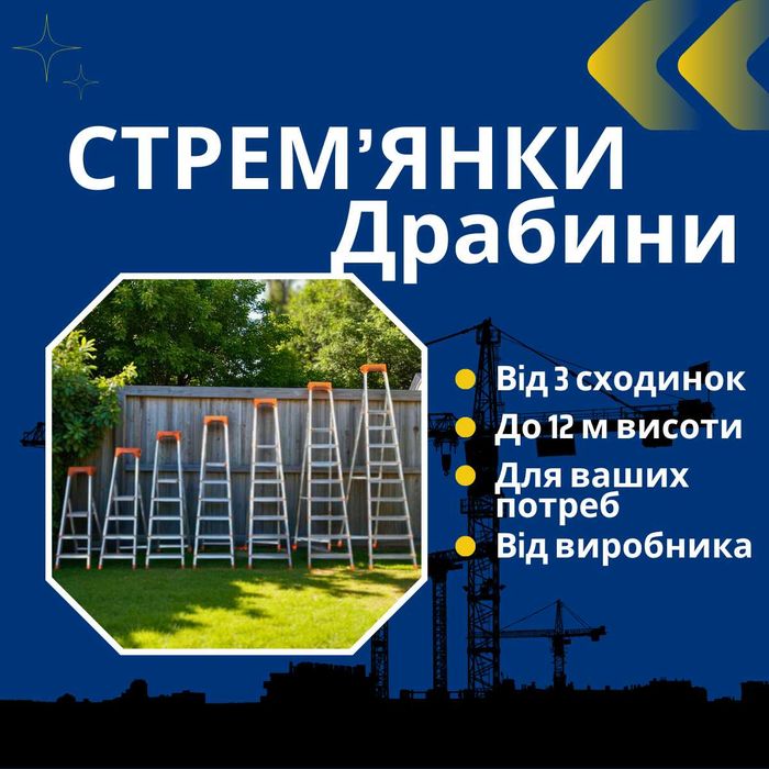 Алюмінієві драбини від 3 до 16 сходинок, 1,2,3 секційні до 12 м
