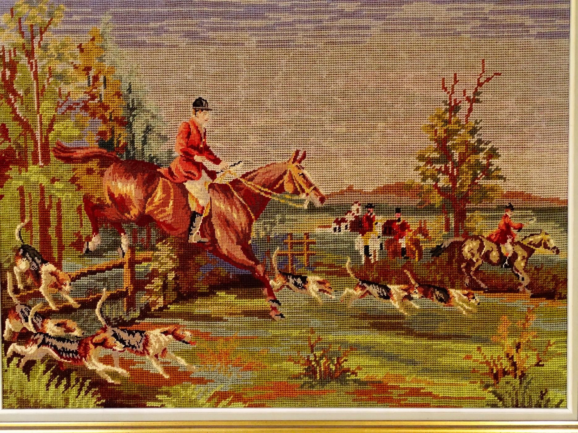 piekny duży stary haftowany obraz polowanie